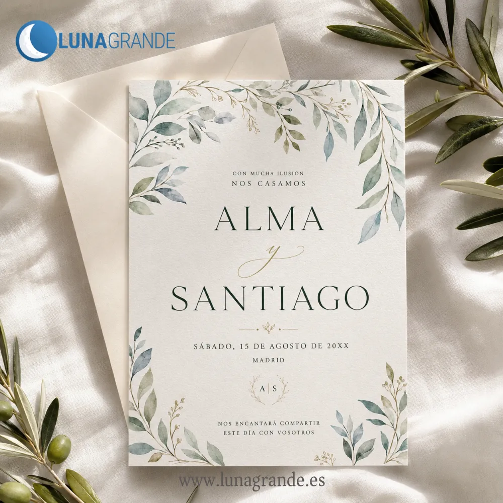Invitación boda - Diseño Floral - Hojas 2 Mockup de invitación de boda botánica en papel premium con detalles elegantes