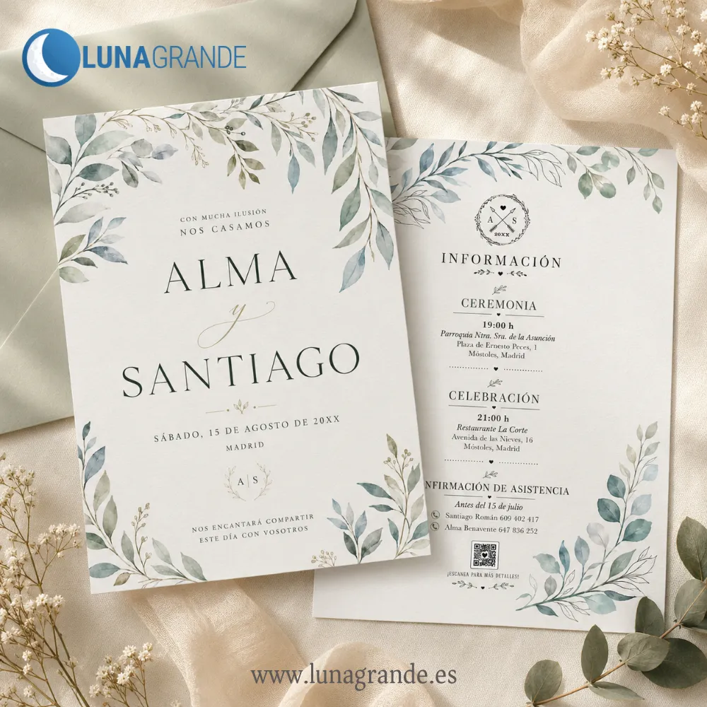 Invitación boda - Diseño Floral - Hojas 4 Anverso de invitación de boda botánica personalizada con hojas acuarela