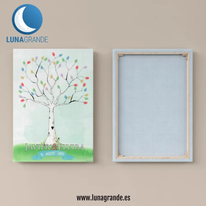 Cartel de huellas con un árbol en acuarela sobre un caballete de madera