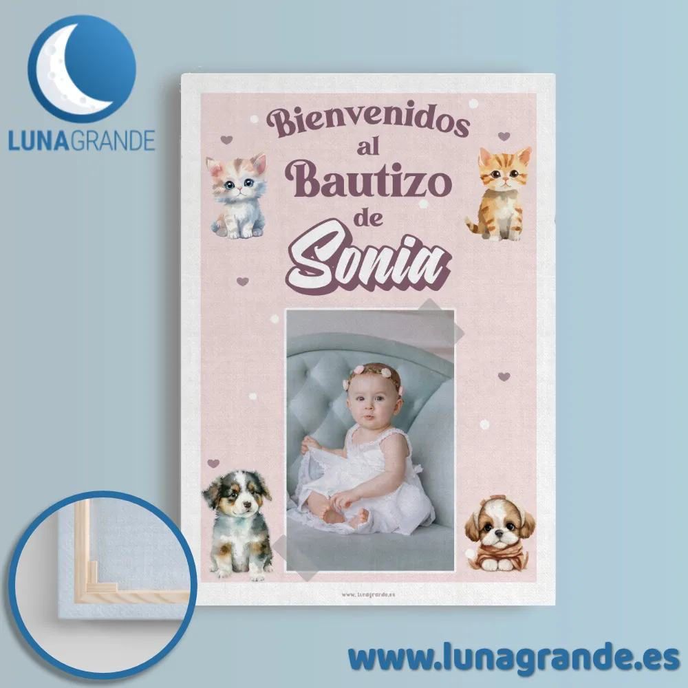 Cartel de bienvenida Bautizo - Perritos y Gatitos 6 Lienzo Bastidor de Madera Bautizo - Gatitos y perritos