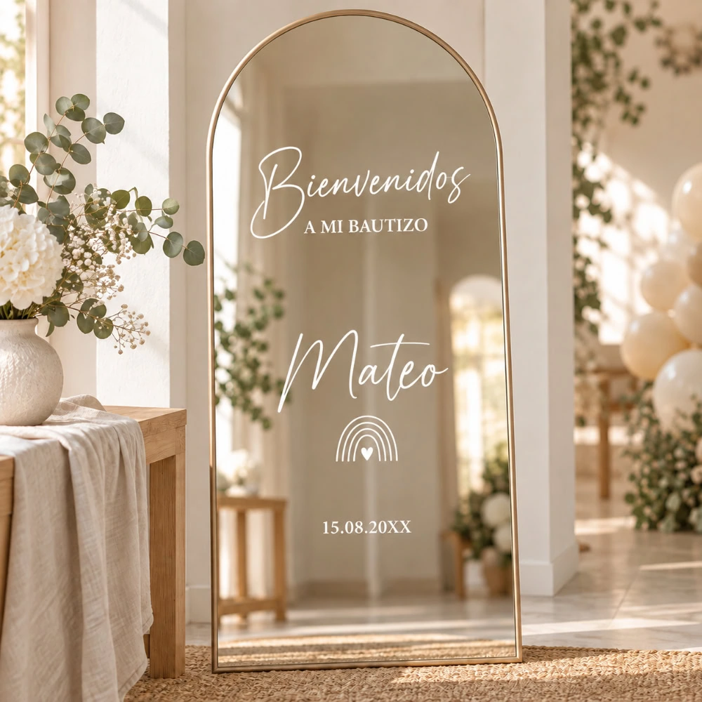 Vinilo Personalizado para Espejo de Bautizo y Comunión – Bienvenidos 1 Pack vinilos adhesivos bautizo y comuniones - Bienvenida floral - Bautizo