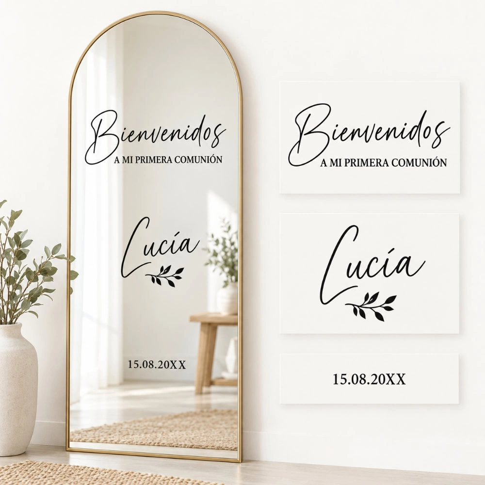 Vinilo Personalizado para Espejo de Bautizo y Comunión – Bienvenidos 3 Pack vinilos adhesivos bautizo y comuniones - Bienvenida floral - Comunión