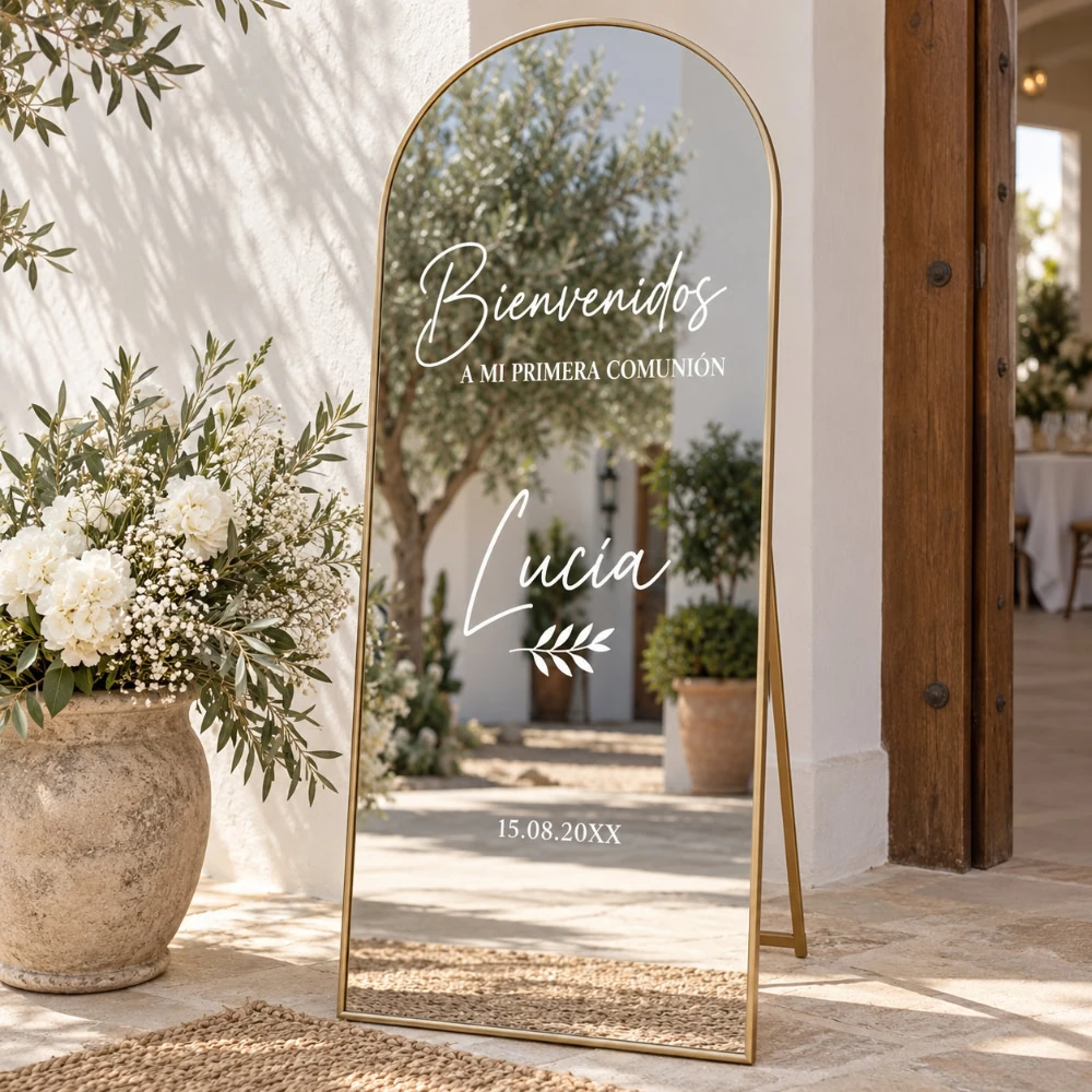 Vinilo Personalizado para Espejo de Bautizo y Comunión – Bienvenidos 2 Pack vinilos adhesivos bautizo y comuniones -Bienvenida floral