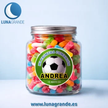 Etiqueta adhesiva comunión fútbol personalizada en tarro de chuches