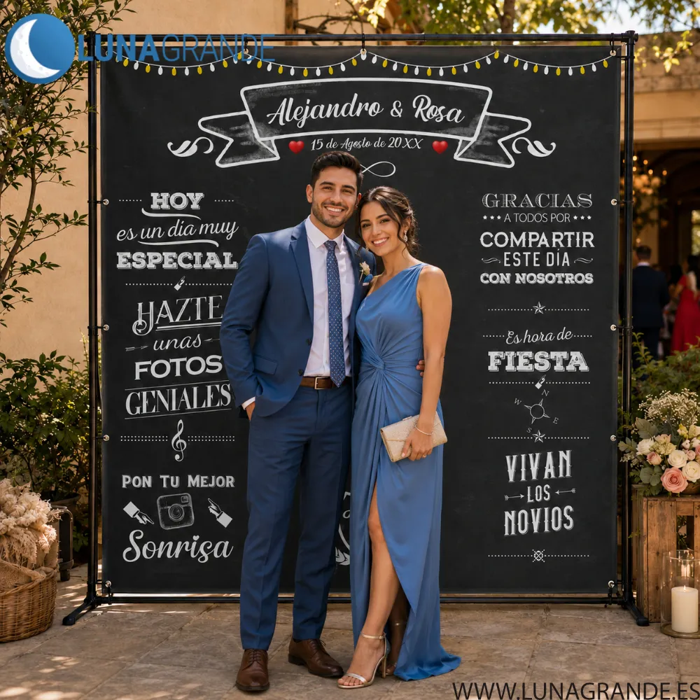 Photocall Pizarra Guirnalda 2 Photocall Fondo premium para bodas diseño pizarra con guirnalda