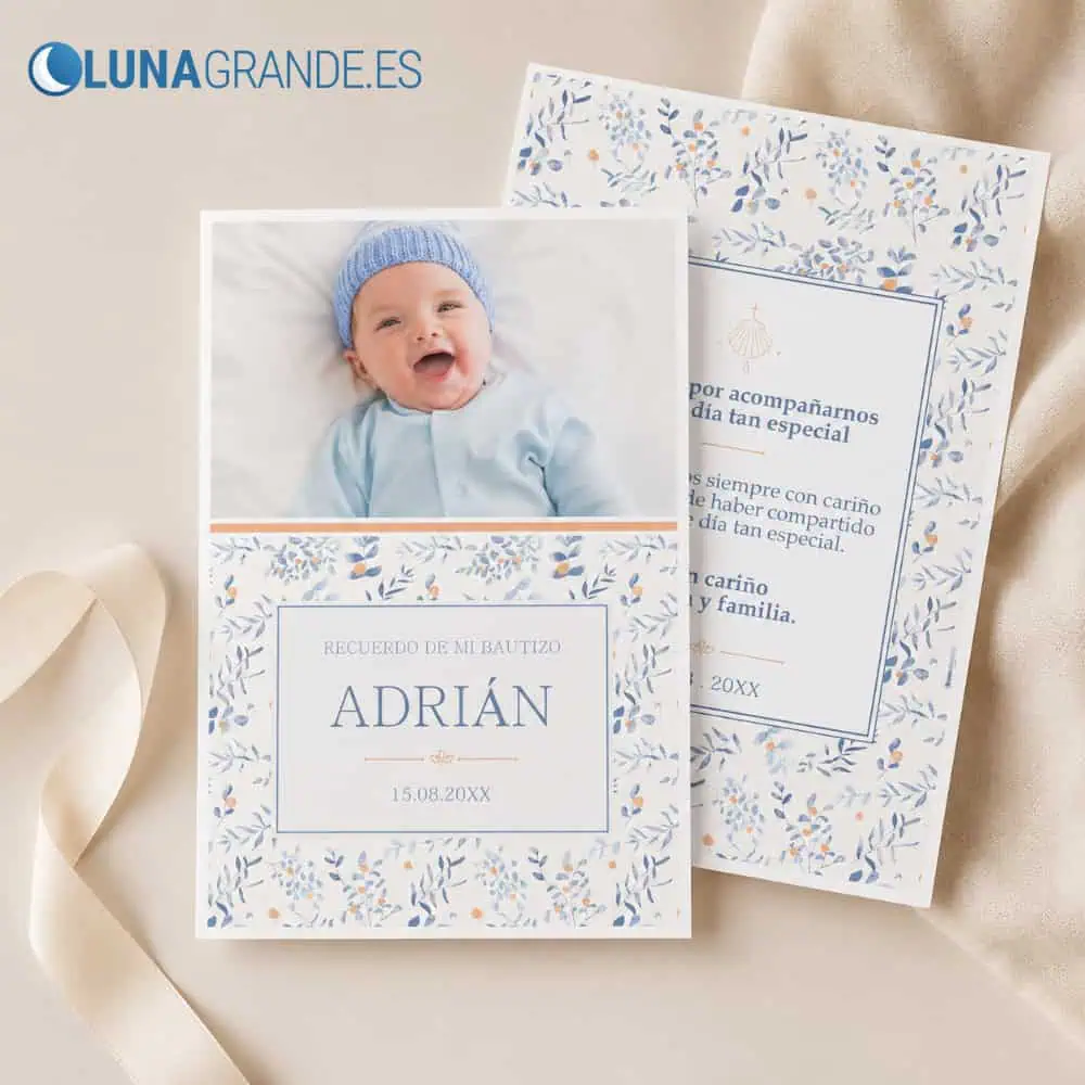 Recordatorio de Bautizo Personalizado - floral - Foto 4 Tarjeta recuerdo de bautizo azul personalizada a doble cara