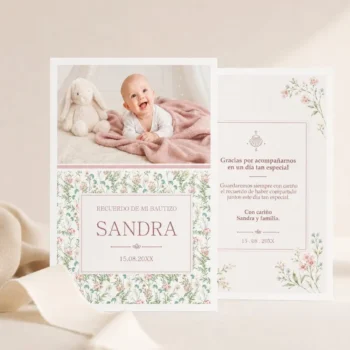 Anverso y reverso de recordatorio de bautizo floral personalizado