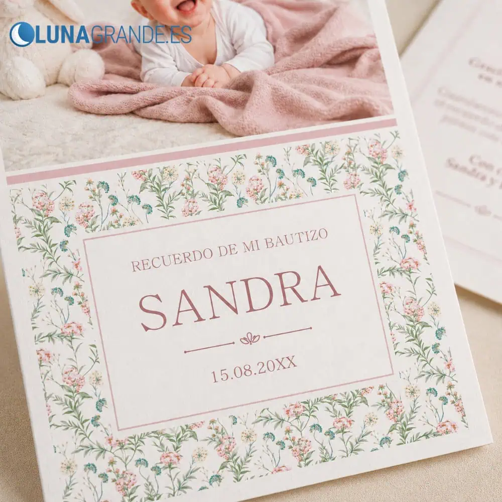 Recordatorio de Bautizo Personalizado - floral - Foto 5 Anverso y reverso de recordatorio de bautizo floral personalizado