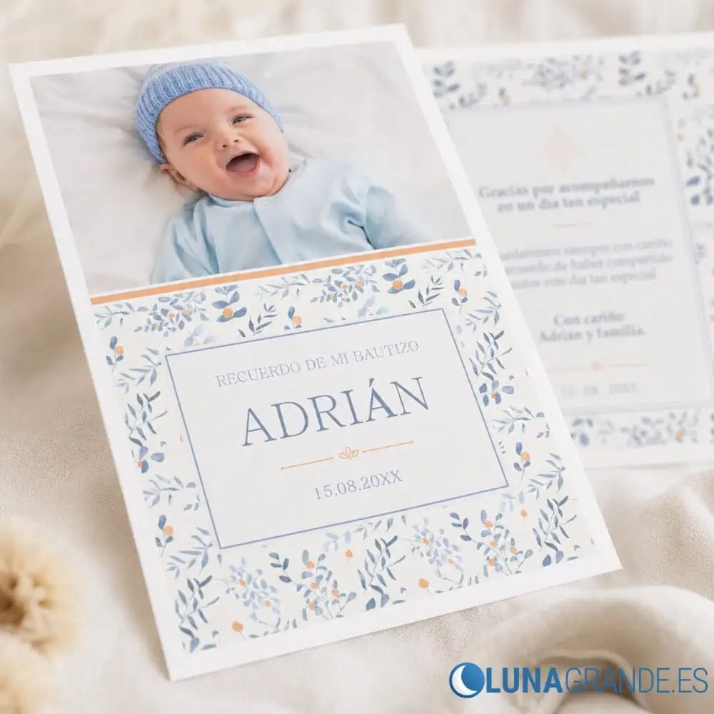 Recordatorio de Bautizo Personalizado - floral - Foto 6 Detalle de recordatorio de bautizo azul con foto y fecha