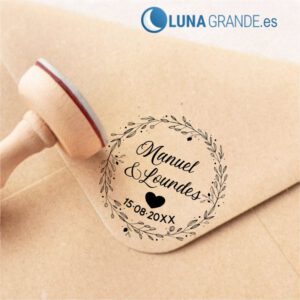 Sello madera boda - floral cirular corazón