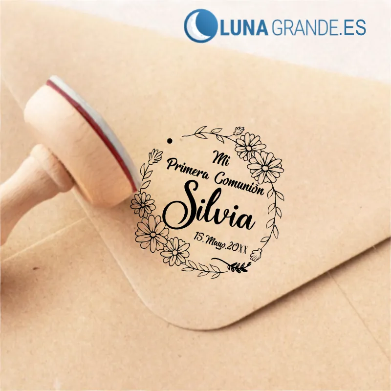 Sello de Goma Personalizado Mi Primera Comunión: Diseño Margaritas Boho 1 Sellos de caucho Primera Comunión Floral Margaritas