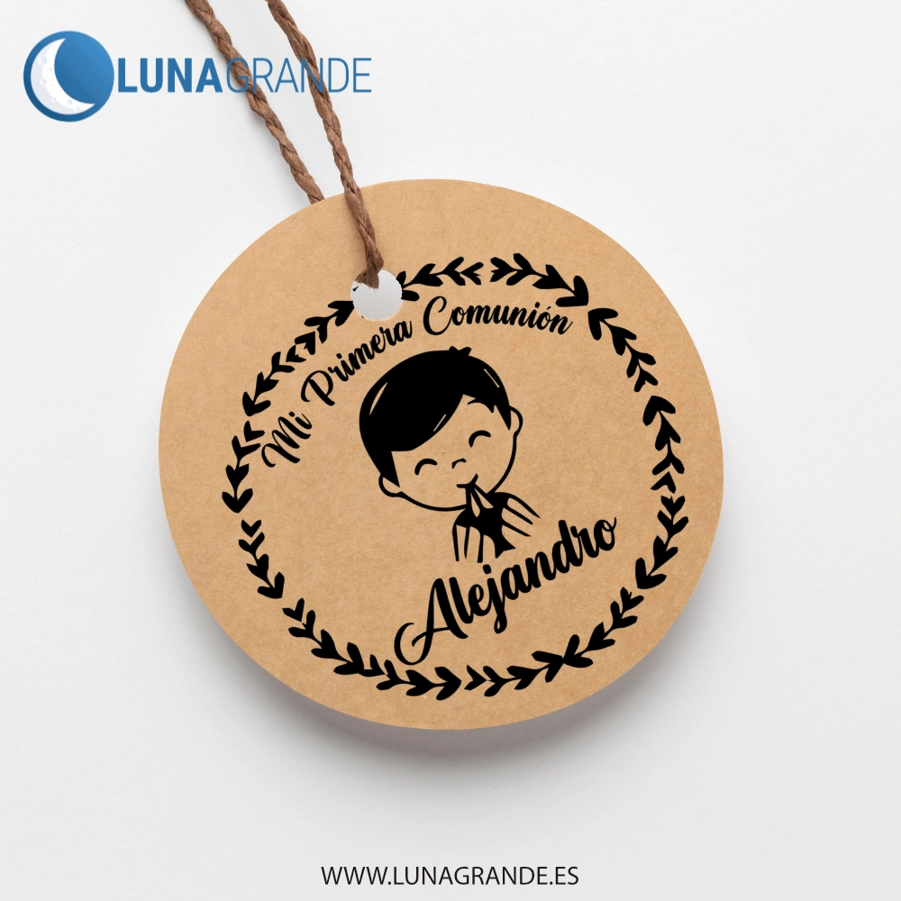 Sello de Goma Personalizado Mi Primera Comunión Niño: Diseño Laureles y Niño Rezo 2 Sellos de caucho y madera Comunión Niño