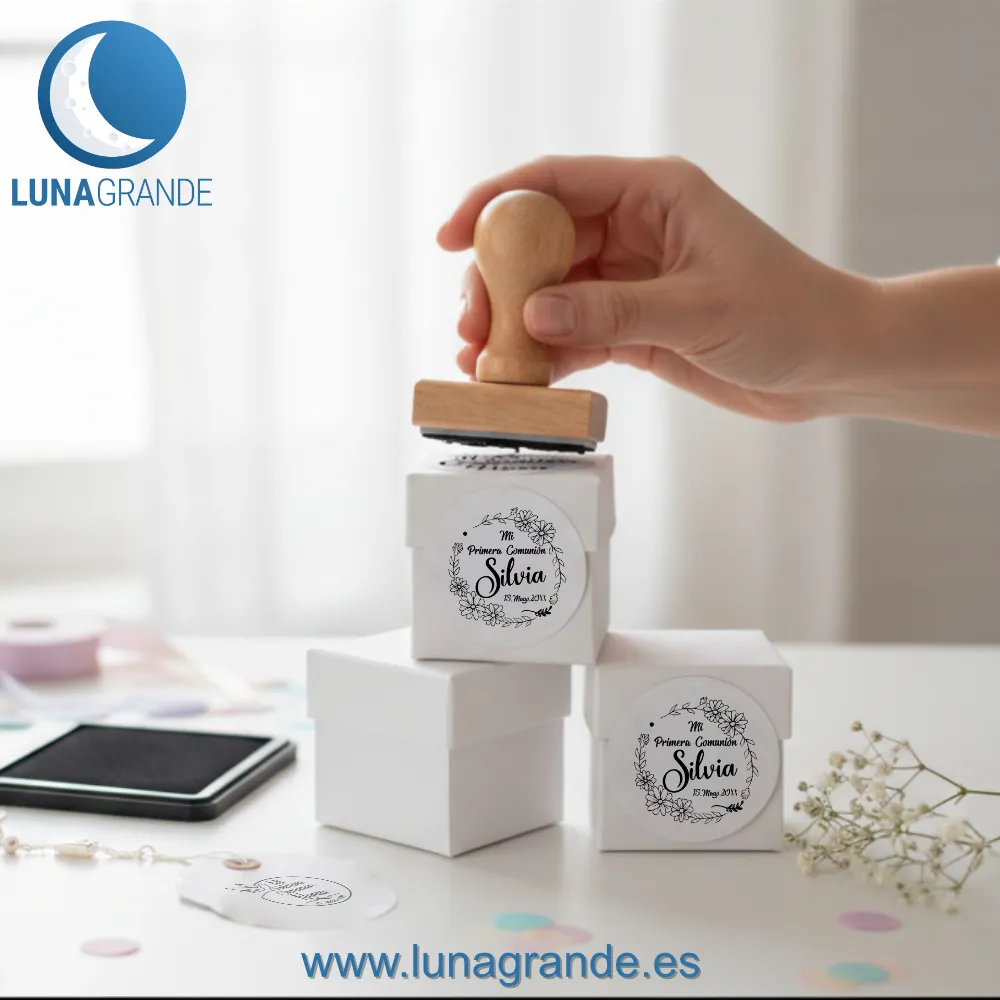 Sello de Goma Personalizado Mi Primera Comunión: Diseño Margaritas Boho 3 Sellos de caucho y madera Primera Comunión Floral Margaritas