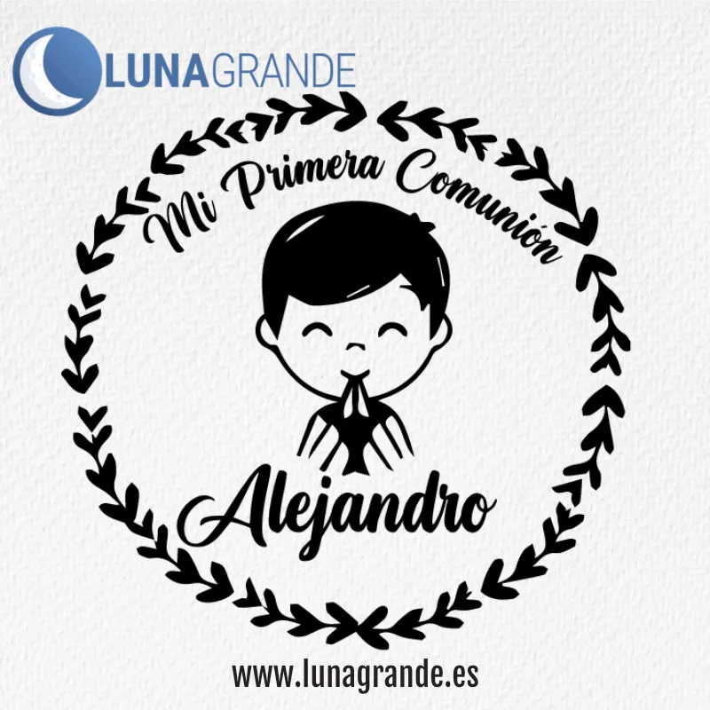 Sello de Goma Personalizado Mi Primera Comunión Niño: Diseño Laureles y Niño Rezo 4 Sellos de madera Primera Comunión Niño