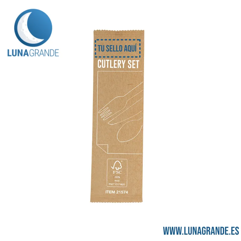Set de cubiertos de madera personalizables 3 Set de cubiertos de madera con servilleta
