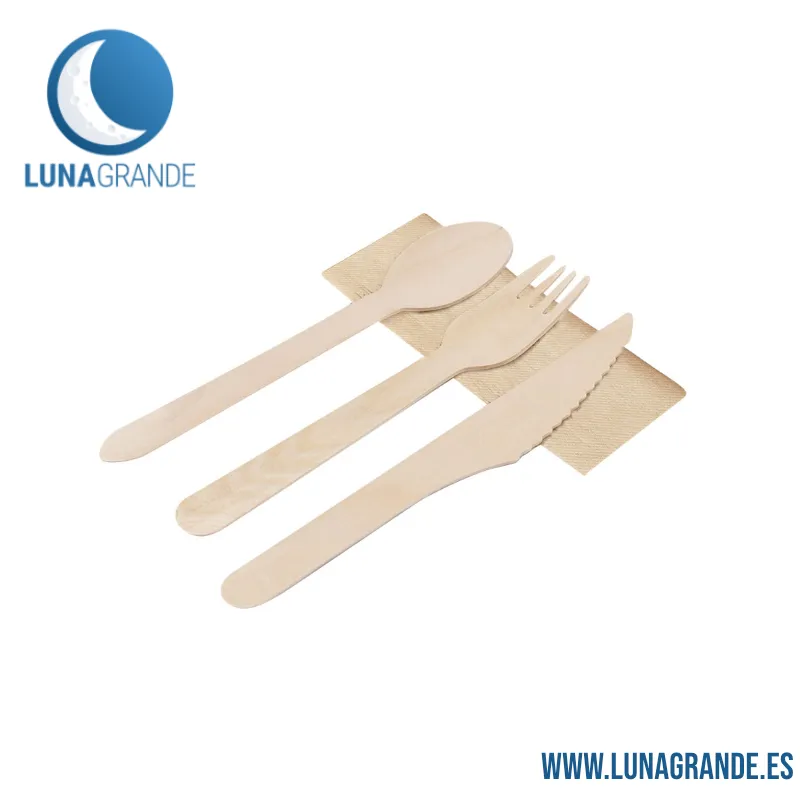 Set de cubiertos de madera personalizables 2 Set de cubiertos de madera con servilleta