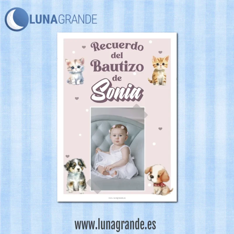 Tarjetas recordatorio bautizo anverso - gatitos y perritos