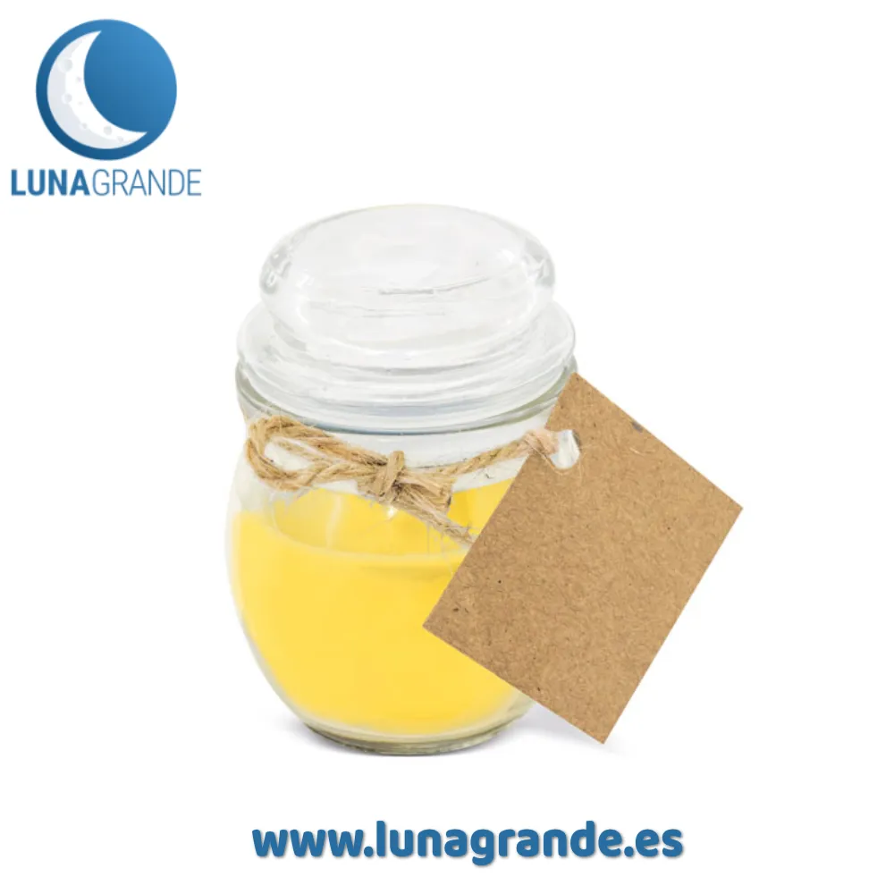 Vela tarro de cristal 6 Vela en tarro de cristal con etiqueta kraft - amarillo con aroma citronela