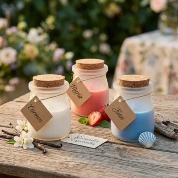 Velas de cristal con tapón de corcho y etiqueta - detalles para invitados