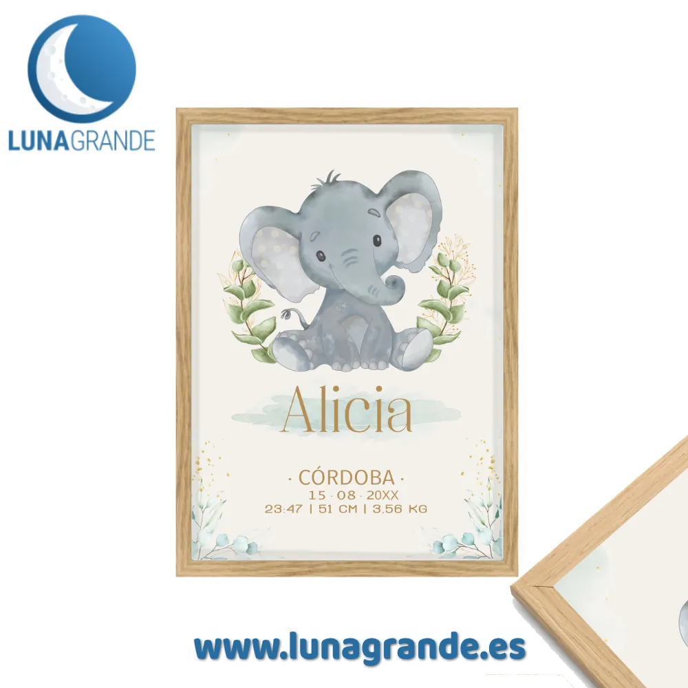 Lámina Nacimiento elefante 4 lámina natalicio niña - elefante con marco