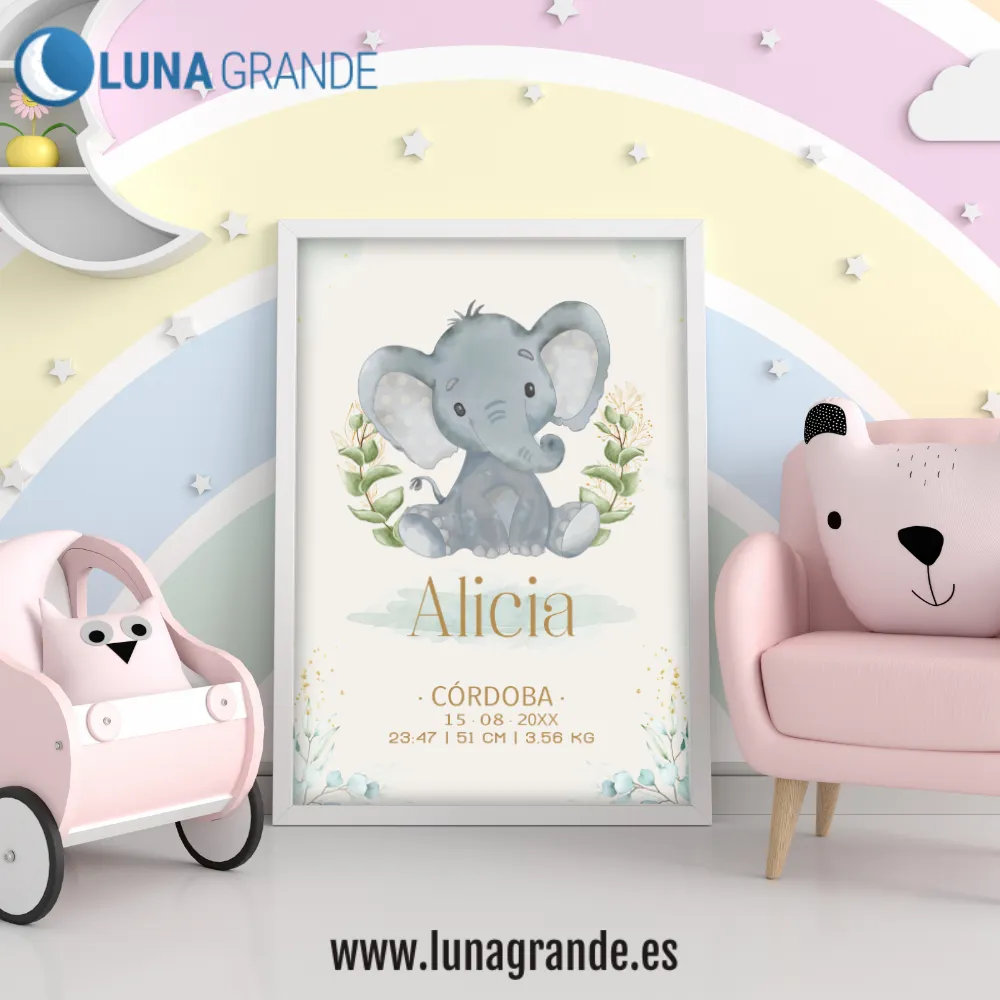 Lámina Nacimiento elefante 1 lámina natalicio niña - elefante sin marco