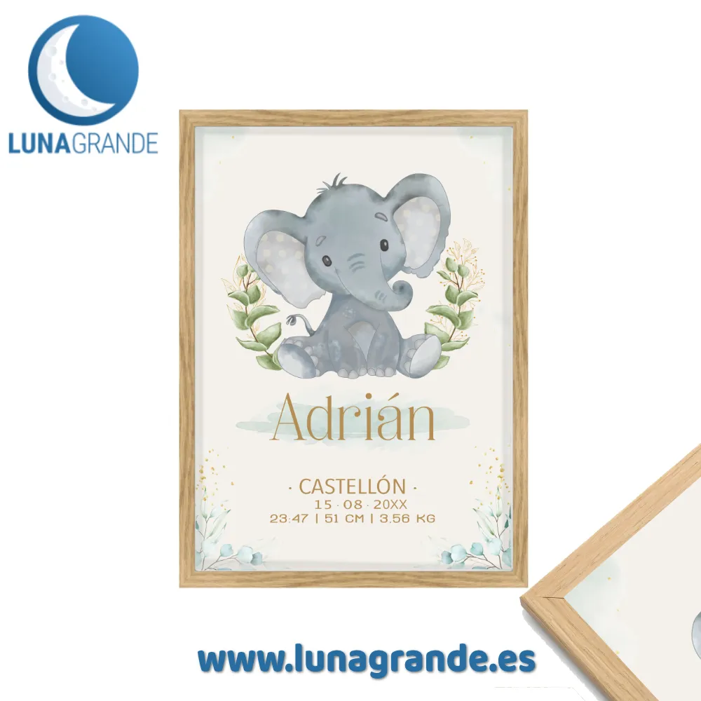 Lámina Nacimiento elefante 3 lámina natalicio niño- elefante con marco